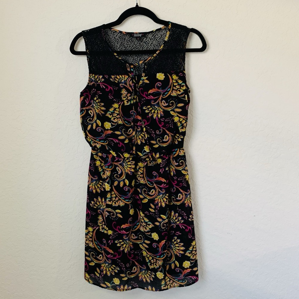 BeBop‎ Dress Women M Black Yellow Floral Paisley Mini Sleeveless Whimsy Boho Fun
